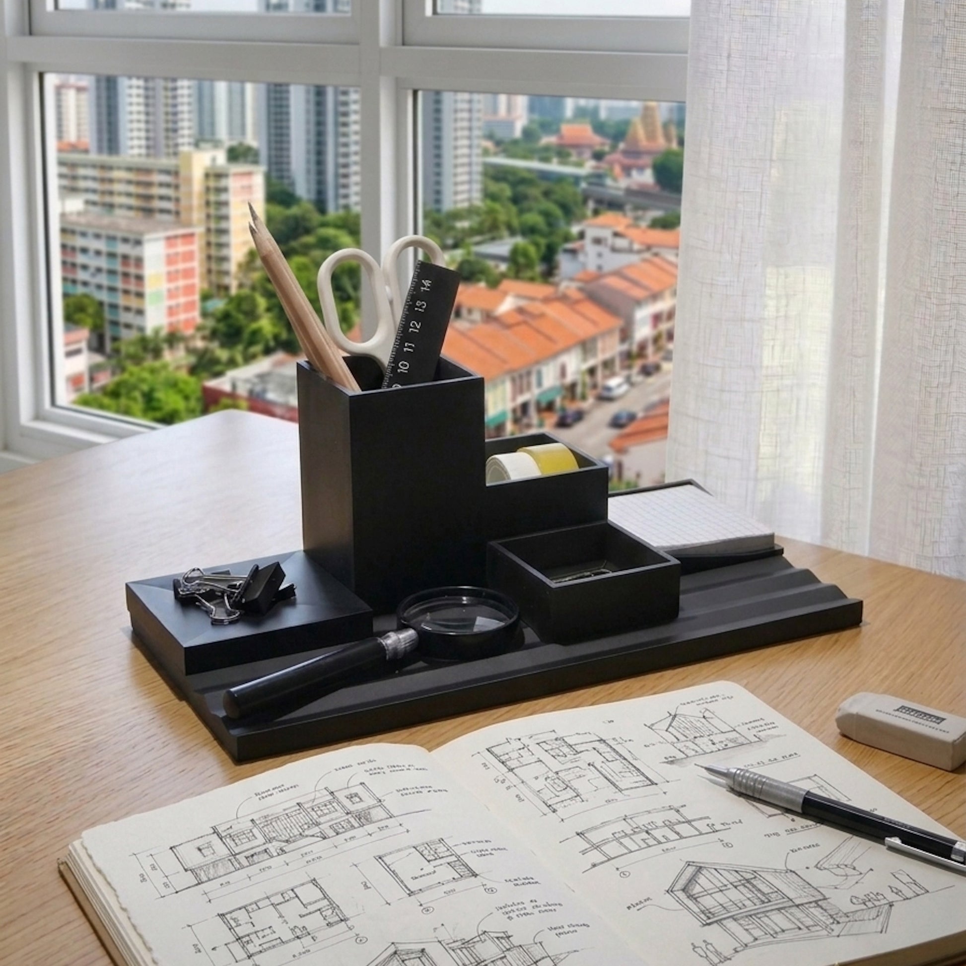 Black desk organizer with stationery items on a desk with a cityscape view.