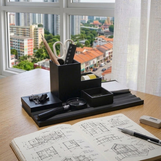 Black desk organizer with stationery items on a desk with a cityscape view.